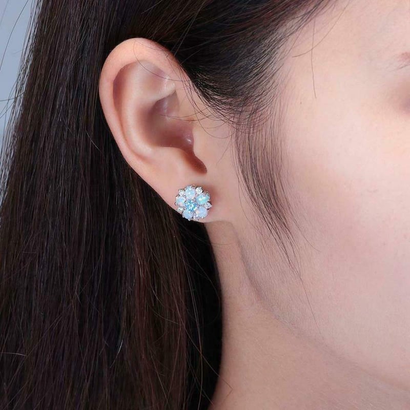CiNily Flower Earrings,Blue Opal Stud Earrings Sterling Silver Plated Ladies Flower Stud Earrings Cute Unique Earrings - Image 4
